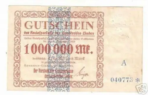 Banknote Inflation Landkreis Linden 1 Million Mark 1923
