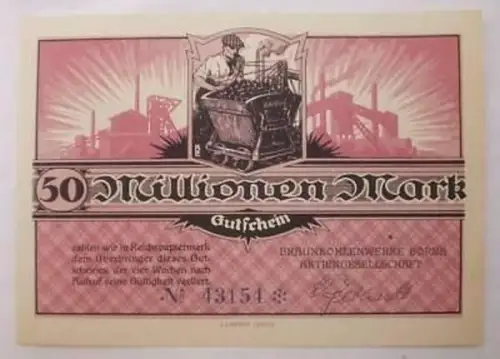 Banknote Inflation 50 Millionen Mark BKW Borna 1923