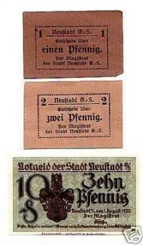 3 Banknoten Notgeld Stadt Neustadt O. Schlesien um 1920