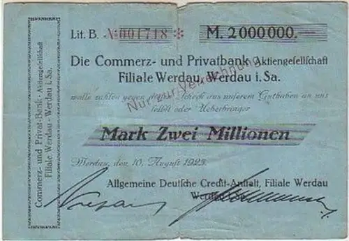 seltene Banknote Inflation 2 Millionen Mark 1923 Werdau