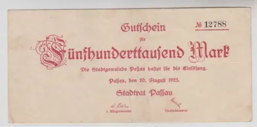 500000 Mark Banknote Inflation Stadt Passau 20. August 1923
