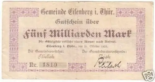 Banknote Inflation 5 Mrd. Mark Eisenberg 26.10.1923