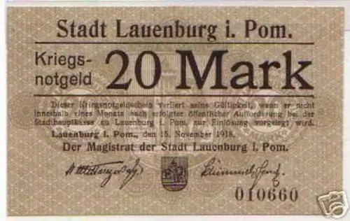 20 Mark Banknote Kriegsnotgeld Stadt Lauenburg in Pom.
