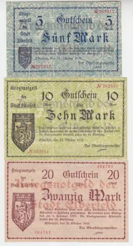 3 Banknoten 5, 10 und 20 Mark Groß-Notgeld Stadt Elberfeld 1918