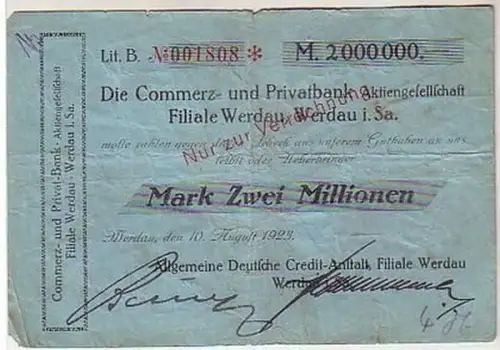 seltene Banknote Inflation 2 Millionen Mark 1923 Werdau