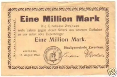 Banknote Inflation 1 Million Mark Stadt Zwenkau 1923