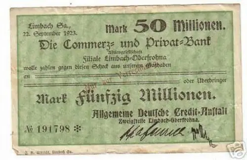 seltene Banknote 50 Millionen Mark Limbach in Sa. 1923