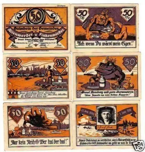 6 Banknoten Notgeld Gemeinde Altenwerder 1921