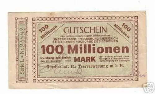Banknote Inflation 100 Millionen Mark Duisburg Meidrich