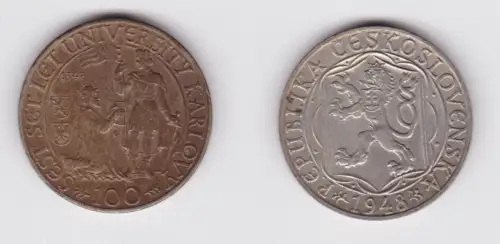 100 Kronen Silber Münze Tschechoslowakei 1948 ss+ (155378)