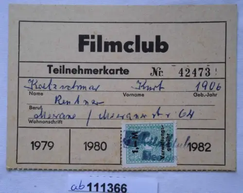 seltene DDR Teilnehmerkarte Filmclub 1982 (111366)