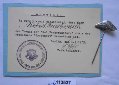 seltenes Kolonial Vereins Abzeichen und Ausweis 'Tropenhut' 1935 (113537)