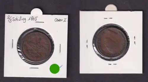 2/3 Skilling Kupfer Münze Schweden 1845 Oscar I. ss (170818)