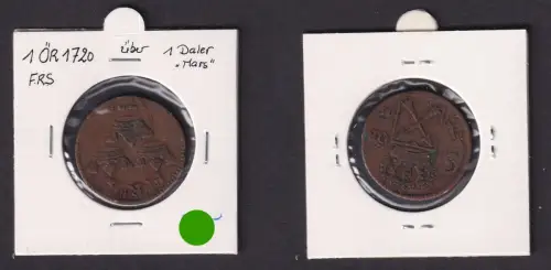 1 Öre Kupfer Münze Schweden 1720 überprägt 1 Daler "Mars" ss (171079)