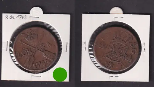 2 Öre Kupfer Münze Schweden 1743 f.ss (170913)