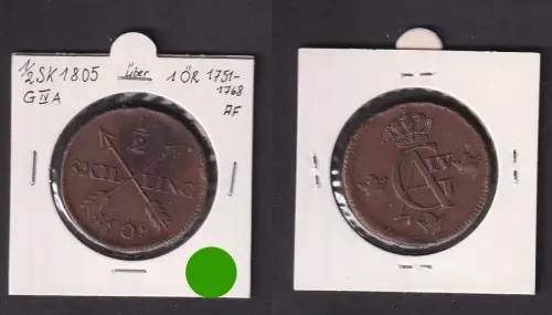 1/2 Skilling Kupfer Münze Schweden 1805 überprägt 1 Öre vz (170885)