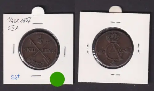 1/4 Skilling Kupfer Münze Schweden 1807 ss/vz (170930)