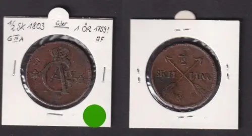 1/2 Skilling Kupfer Münze Schweden 1803 überprägt 1 Öre 1759 f.vz (170931)