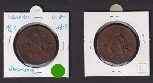 1/2 Skilling Kupfer Münze Schweden 1803 überprägt ss (170925)