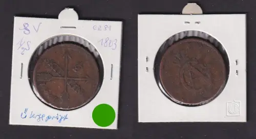 1/2 Skilling Kupfer Münze Schweden 1803 überprägt ss (170853)