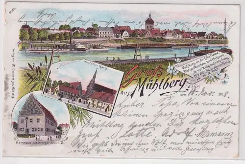 16633 Ak Lithographie Gruß aus Mühlberg an der Elbe 1898