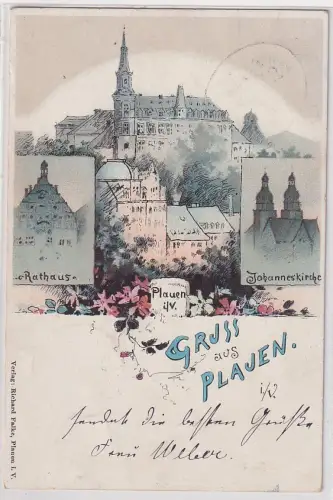907391 Ak Gruss aus Plauen im Vogtland - Johanneskirche, Rathaus, Bahnpost 1898