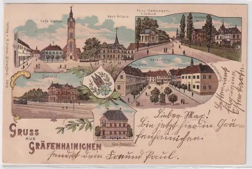24823 Ak Lithographie Gruß aus Gräfenhainichen Bahnhof, Postamt usw. 1902