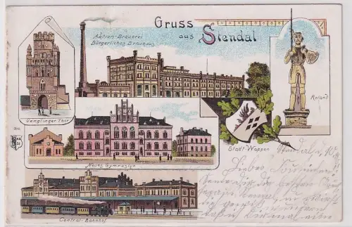 28426 Ak Lithographie Gruß aus Stendal Brauerei, Bahnhof usw. 1901