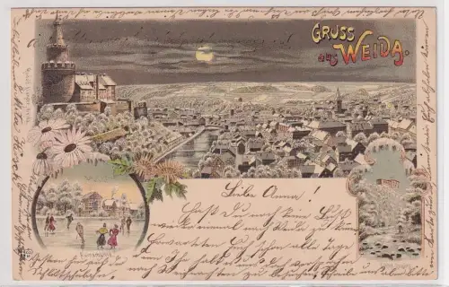 47923 Winter Ak Lithographie Gruß aus Weida Totalansicht und Aumamühle 1898