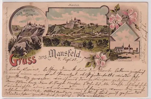 37646 Ak Lithographie Gruß aus Mansfeld Schlosshof usw. 1902