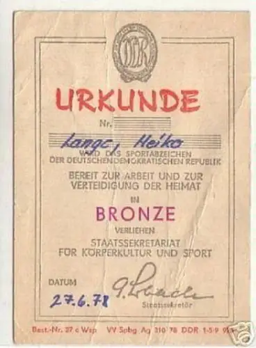 DDR Urkunde zum Sportabzeichen in Bronze 1978