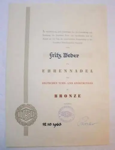 DDR Urkunde zur Ehrennadel des DTSB in Bronze 1963