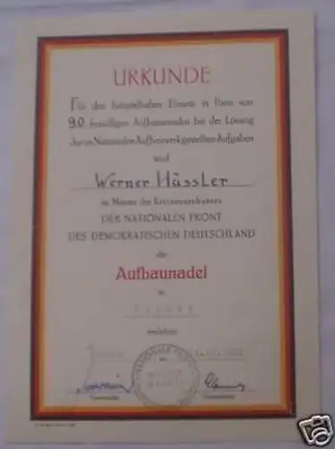 DDR Urkunde Aufbaunadel Nationale Front in Bronze 1957
