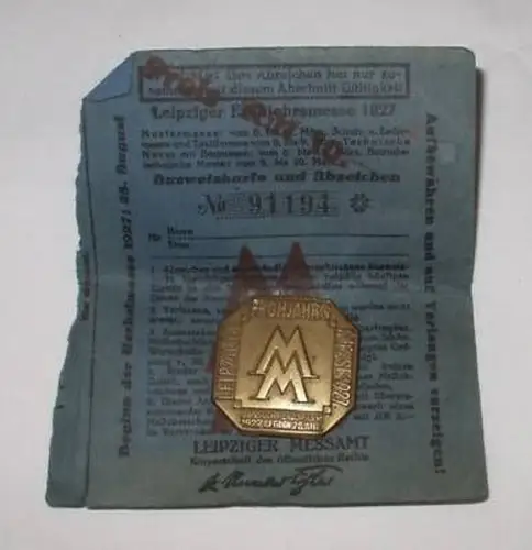 altes Abzeichen Frühjahrsmesse Lepzig 1927 + Ausweis