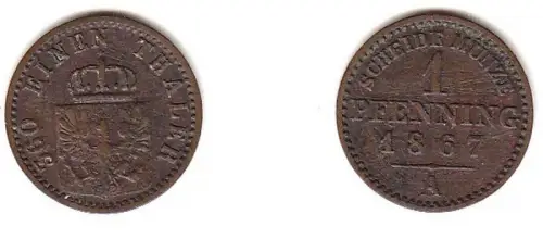 1 Pfennig Kupfer Münze Preussen 1867 A s/ ss