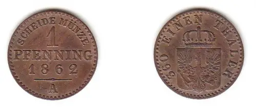 1 Pfennig Kupfer Münze Preussen 1862 A ss+
