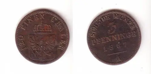 3 Pfennige Kupfer Münze Preussen 1867 A f. ss