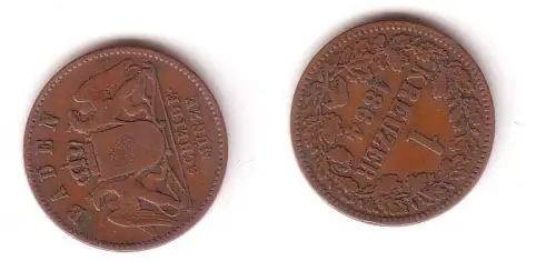 1 Kreuzer Kupfer Münze Baden 1864