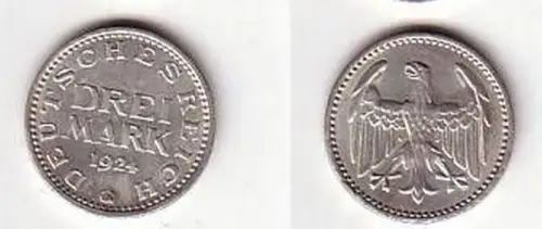Silber Münze 3 Mark Weimarer Republik 1924 G f.vz (MU6549)