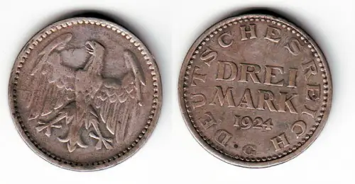Silber Münze 3 Mark Weimarer Republik 1924 G f.vz (109963)