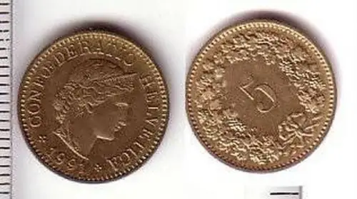 5 Rappen Messing Münze Schweiz 1991