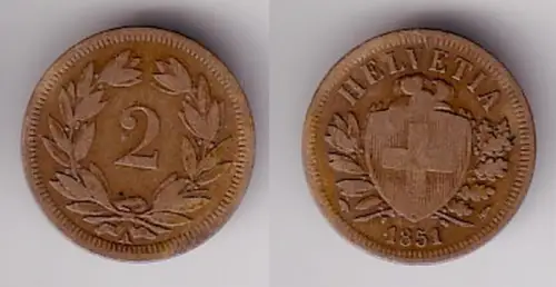 2 Rappen Kupfer Münze Schweiz 1851 A