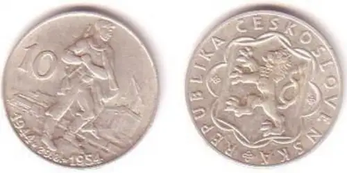 10 Kronen Silber Münze Tschechoslowakei 1954