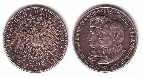 2 Mark Silber Münze Sachsen Universität Leipzig 1909