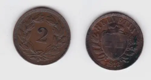 2 Rappen Kupfer Münze Schweiz 1912 B ss + (131834)