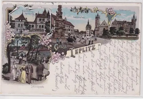 41118 Ak Lithographie Gruß aus Teplitz Gymnasium, Restaurant usw. 1898