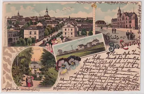 46539 Ak Lithographie Gruß aus Bad Lausick Bahnhof, Postamt usw. 1901