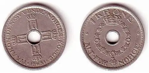 1 Krone Nickel Münze Norwegen 1951