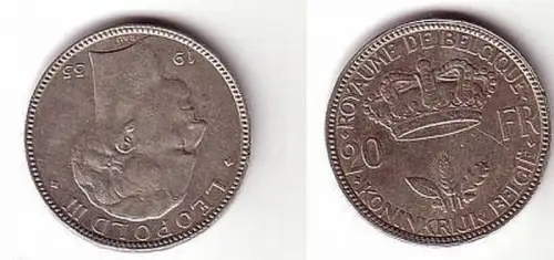 20 Franc Silber Münze Belgien 1935