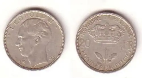 20 Franc Silber Münze Belgien 1935